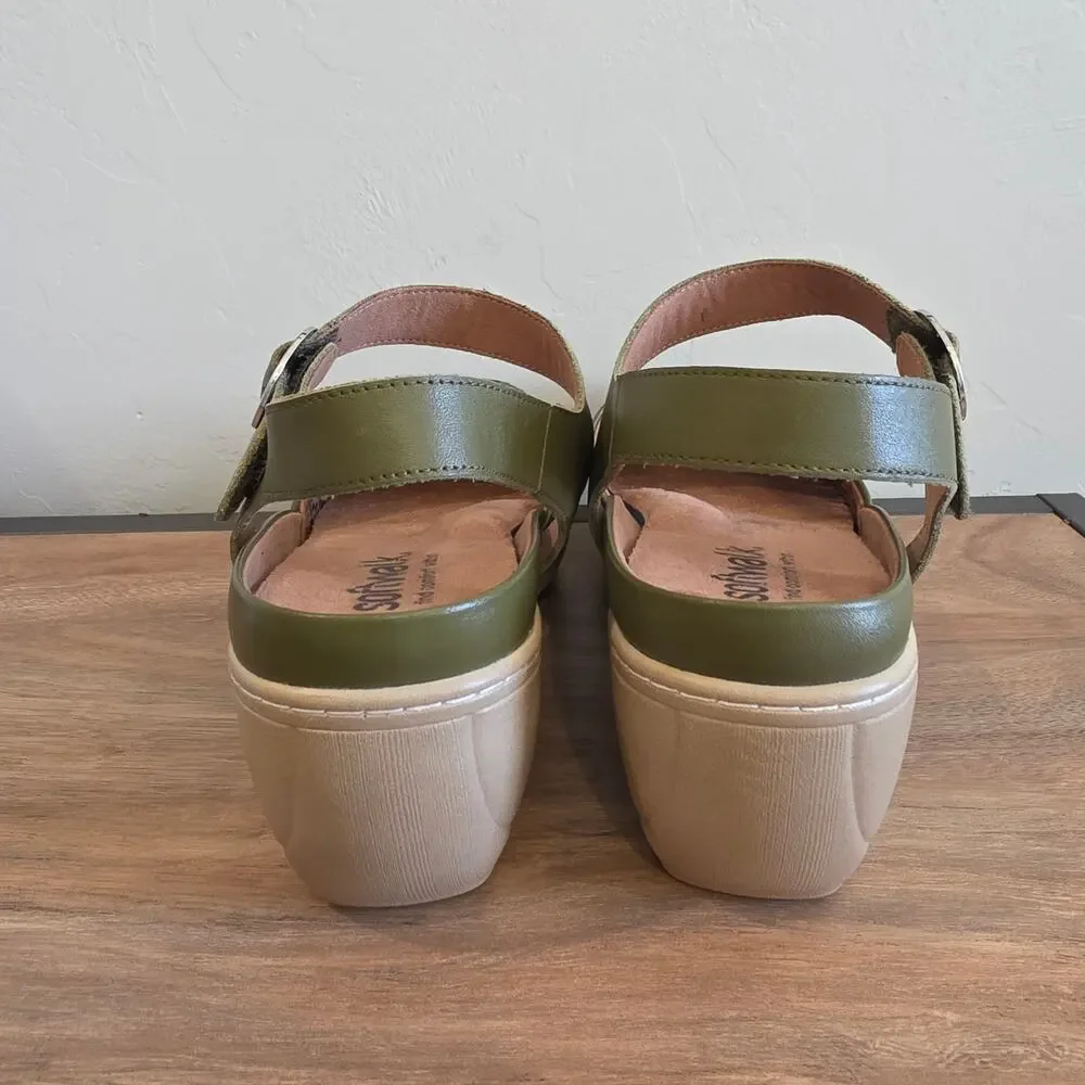 SoftWalk Mabelle Perf Olive Green Leather Laser Cut Wedge Clog Sandals Size 10M